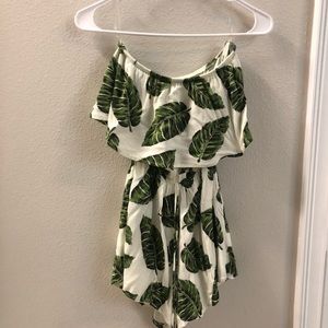 Strapless palm print drawstring romper